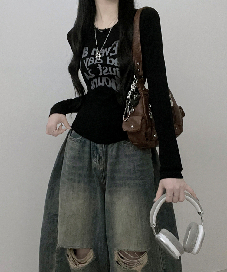 レタリングプリンティング長袖Tシャツ BLACK