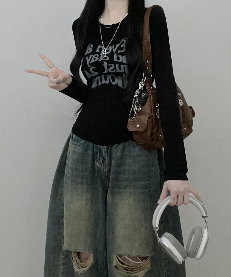 レタリングプリンティング長袖Tシャツ BLACK