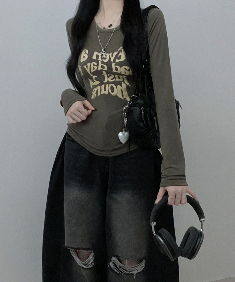 レタリングプリンティング長袖Tシャツ KHAKI