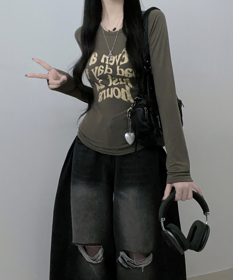 レタリングプリンティング長袖Tシャツ KHAKI