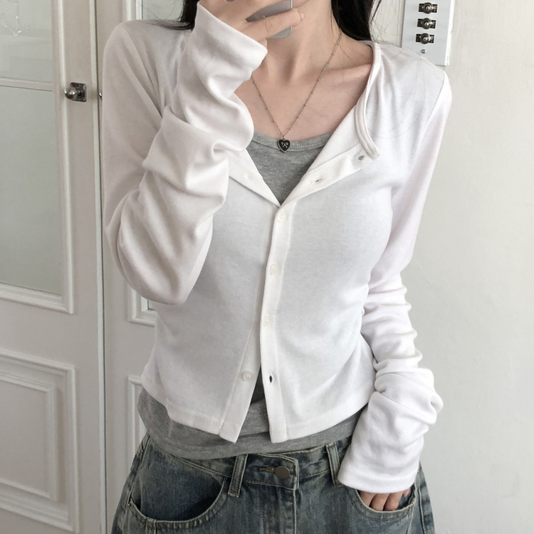 일체형 레이어드 데일리 허리셔링 배색 캐주얼 가디건 긴팔티
