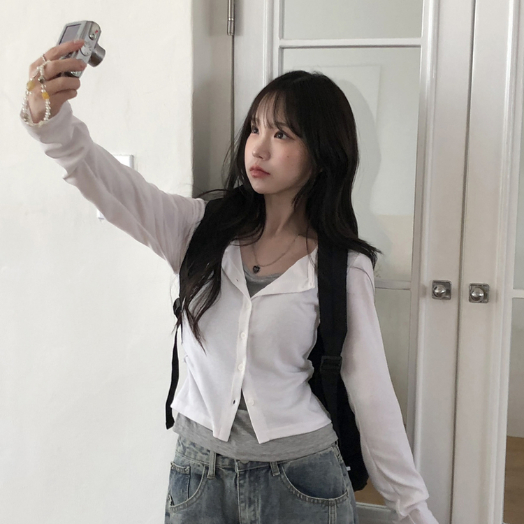 일체형 레이어드 데일리 허리셔링 배색 캐주얼 가디건 긴팔티