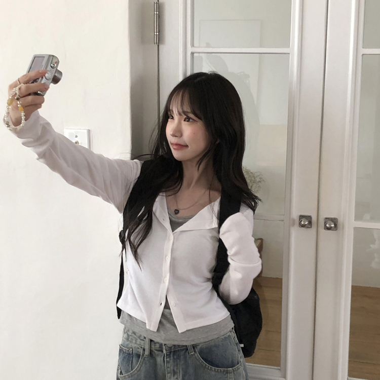 일체형 레이어드 데일리 허리셔링 배색 캐주얼 가디건 긴팔티