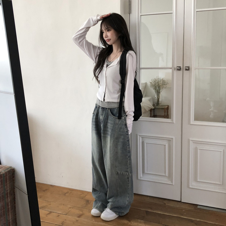 일체형 레이어드 데일리 허리셔링 배색 캐주얼 가디건 긴팔티