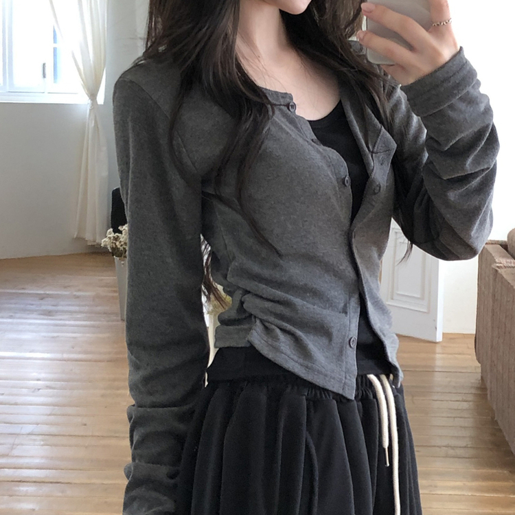 일체형 레이어드 데일리 허리셔링 배색 캐주얼 가디건 긴팔티