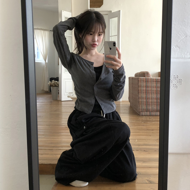 일체형 레이어드 데일리 허리셔링 배색 캐주얼 가디건 긴팔티