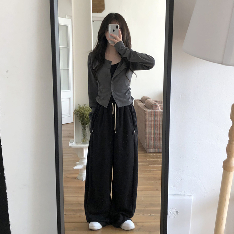 일체형 레이어드 데일리 허리셔링 배색 캐주얼 가디건 긴팔티