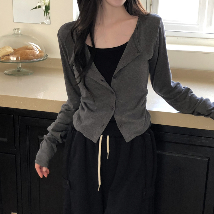 일체형 레이어드 데일리 허리셔링 배색 캐주얼 가디건 긴팔티