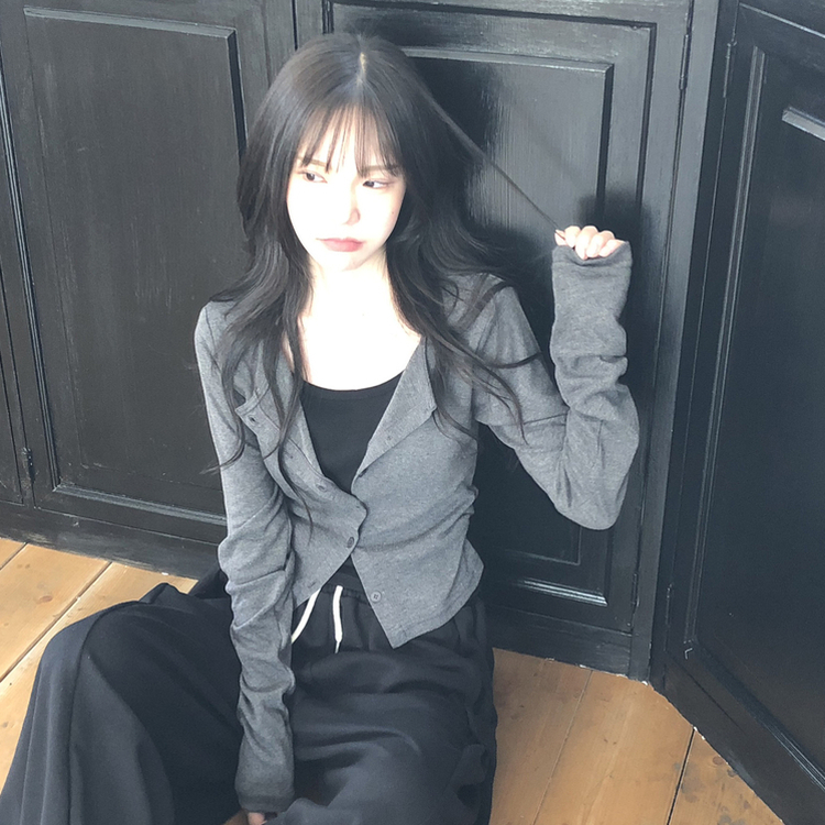 일체형 레이어드 데일리 허리셔링 배색 캐주얼 가디건 긴팔티