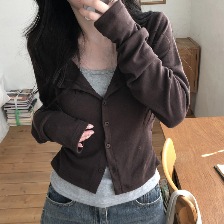 일체형 레이어드 데일리 허리셔링 배색 캐주얼 가디건 긴팔티