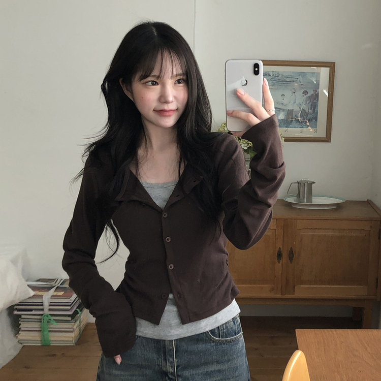 일체형 레이어드 데일리 허리셔링 배색 캐주얼 가디건 긴팔티