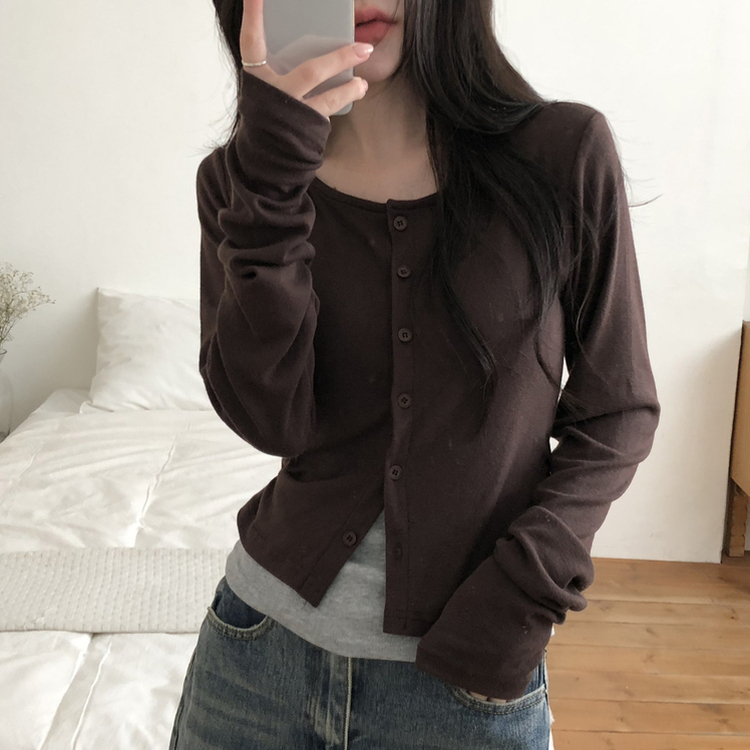 일체형 레이어드 데일리 허리셔링 배색 캐주얼 가디건 긴팔티