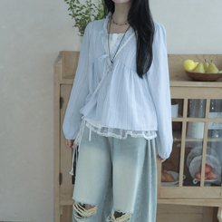 긴팔VER 페어리 스트라이프 리본 프릴 나시 일체형 긴팔 블라우스 소라