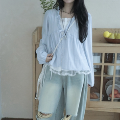 긴팔VER 페어리 스트라이프 리본 프릴 나시 일체형 긴팔 블라우스 소라