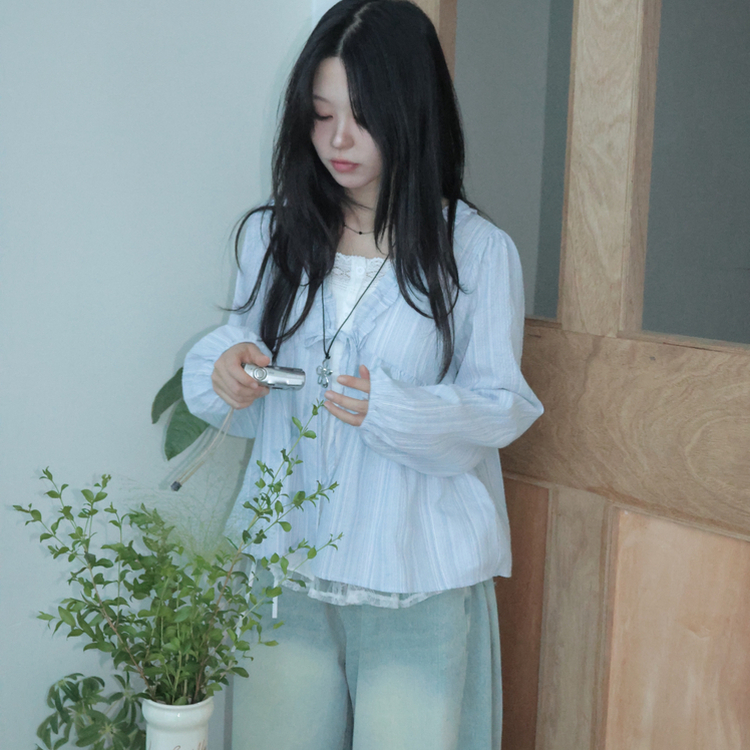 긴팔VER 페어리 스트라이프 리본 프릴 나시 일체형 긴팔 블라우스 소라