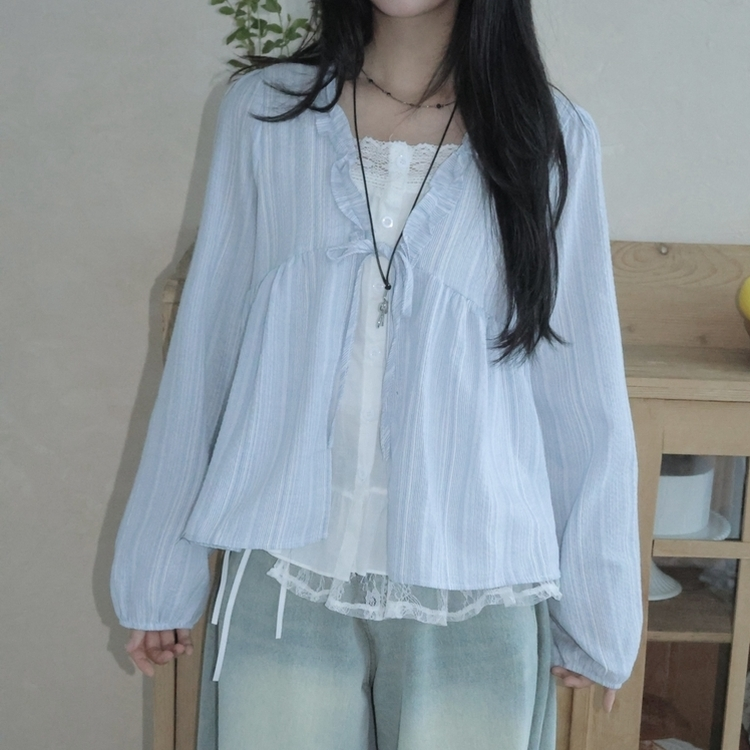 긴팔VER 페어리 스트라이프 리본 프릴 나시 일체형 긴팔 블라우스 소라