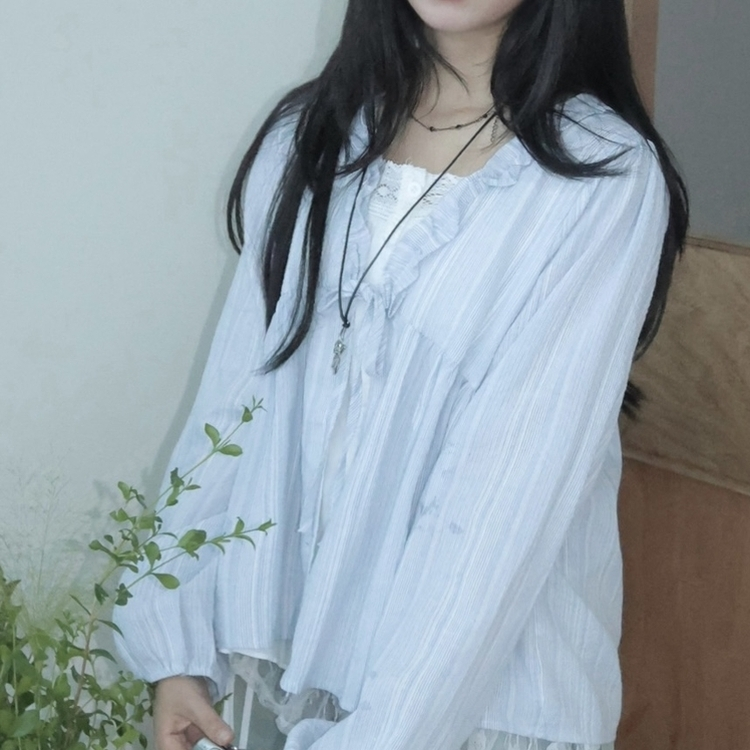 긴팔VER 페어리 스트라이프 리본 프릴 나시 일체형 긴팔 블라우스 소라