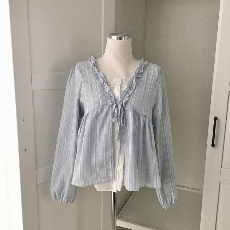 긴팔VER 페어리 스트라이프 리본 프릴 나시 일체형 긴팔 블라우스