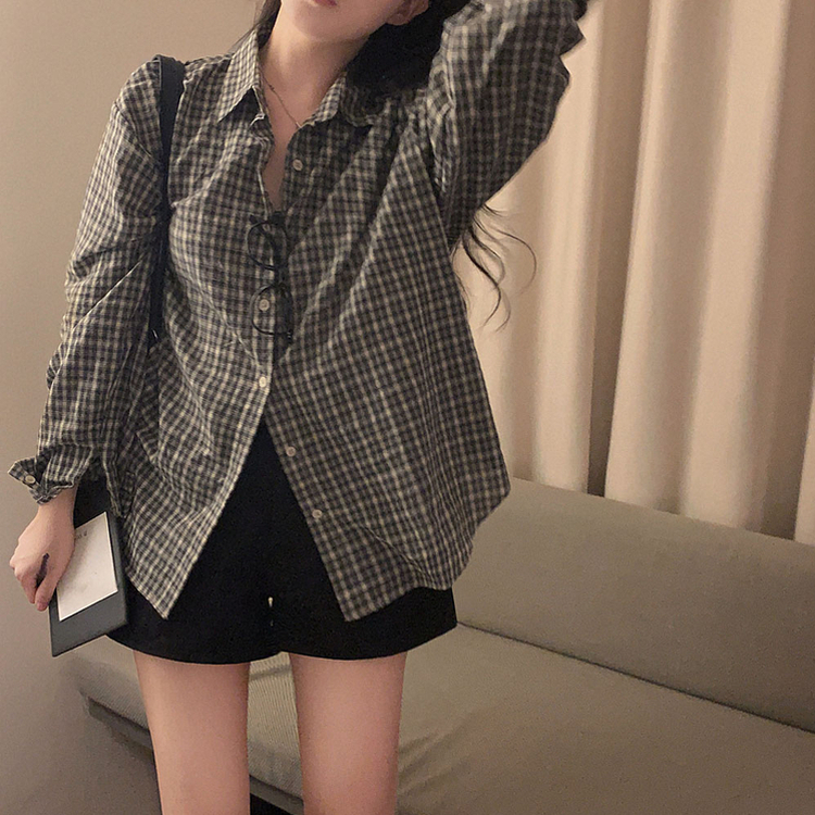 흑당 버블티 어텀 루즈핏 체크 셔츠 남방 블랙