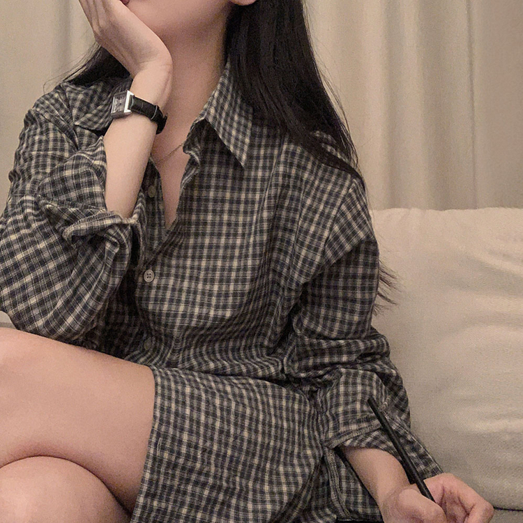 흑당 버블티 어텀 루즈핏 체크 셔츠 남방 블랙