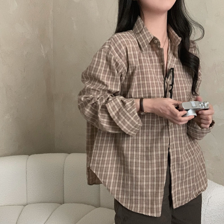 흑당 버블티 어텀 루즈핏 체크 셔츠 남방 브라운