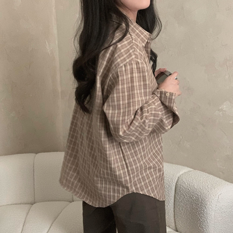 흑당 버블티 어텀 루즈핏 체크 셔츠 남방 브라운