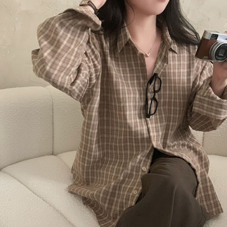 흑당 버블티 어텀 루즈핏 체크 셔츠 남방 브라운