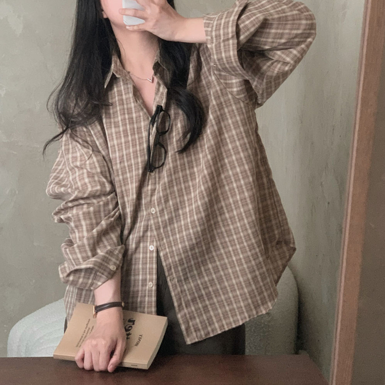 흑당 버블티 어텀 루즈핏 체크 셔츠 남방 브라운