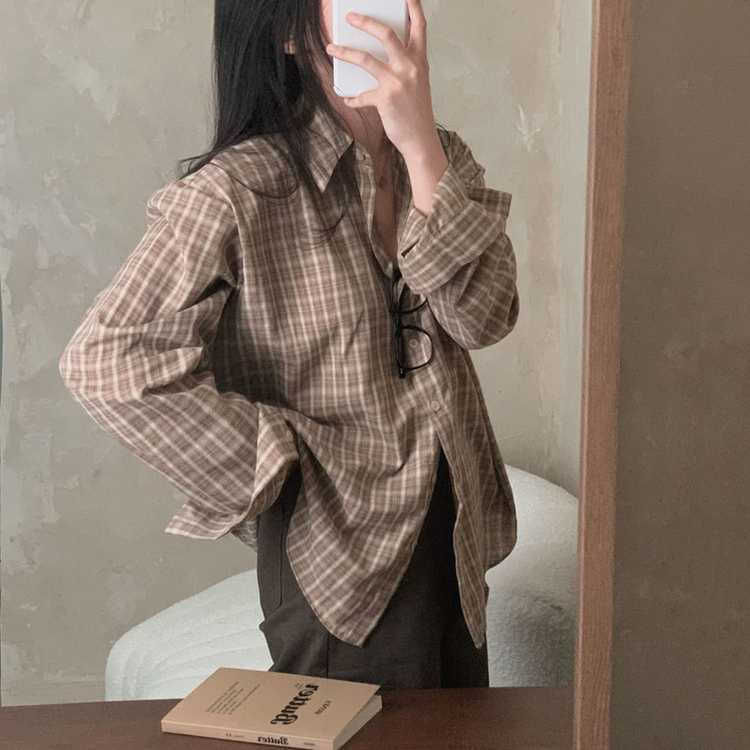 흑당 버블티 어텀 루즈핏 체크 셔츠 남방 브라운