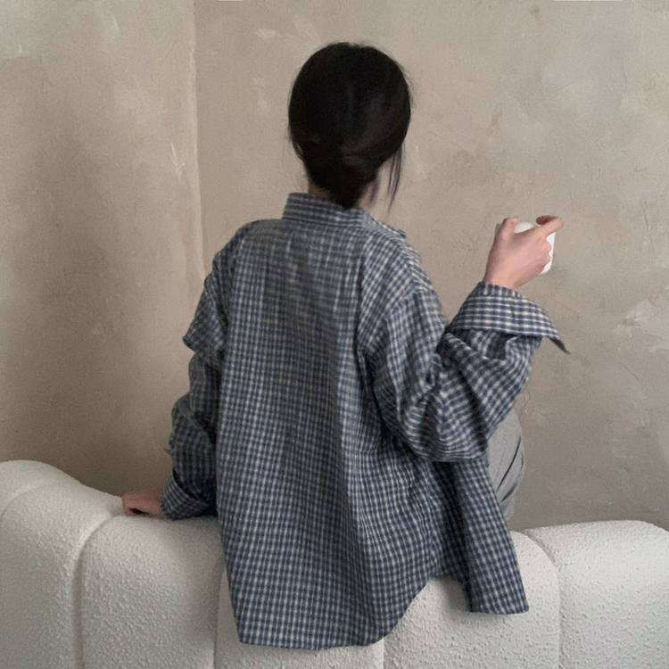 흑당 버블티 어텀 루즈핏 체크 셔츠 남방 블루