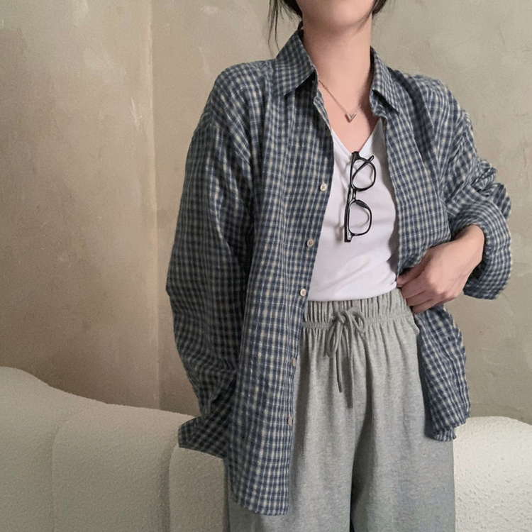 흑당 버블티 어텀 루즈핏 체크 셔츠 남방 블루