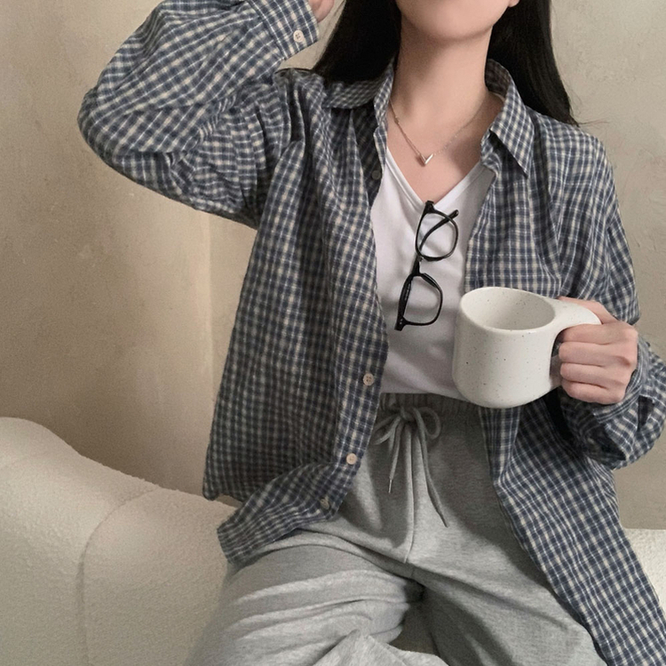 흑당 버블티 어텀 루즈핏 체크 셔츠 남방 블루