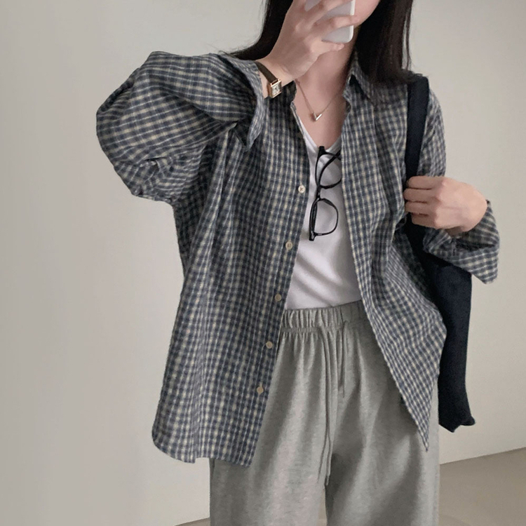 흑당 버블티 어텀 루즈핏 체크 셔츠 남방 블루