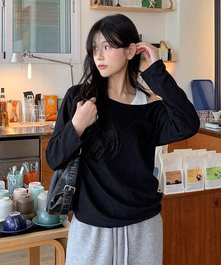 ワンショルダーコットンTシャツ(5color)｜長袖Tシャツ｜韓国