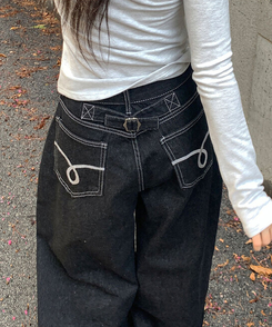 에클렛 논페이드 백 버클 자수 포켓 데님 롱 와이드팬츠 에보니블랙