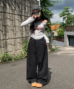 에클렛 논페이드 백 버클 자수 포켓 데님 롱 와이드팬츠 에보니블랙