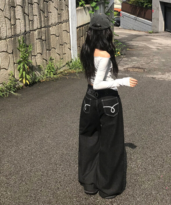 에클렛 논페이드 백 버클 자수 포켓 데님 롱 와이드팬츠 에보니블랙