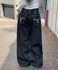에클렛 논페이드 백 버클 자수 포켓 데님 롱 와이드팬츠 에보니블랙