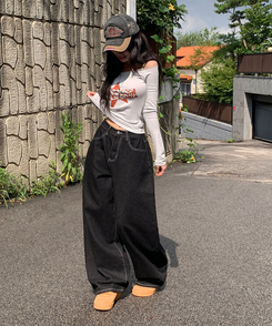 에클렛 논페이드 백 버클 자수 포켓 데님 롱 와이드팬츠 에보니블랙