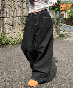 에클렛 논페이드 백 버클 자수 포켓 데님 롱 와이드팬츠 에보니블랙