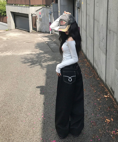 에클렛 논페이드 백 버클 자수 포켓 데님 롱 와이드팬츠 에보니블랙