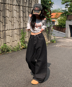 에클렛 논페이드 백 버클 자수 포켓 데님 롱 와이드팬츠 에보니블랙