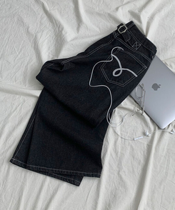 에클렛 논페이드 백 버클 자수 포켓 데님 롱 와이드팬츠