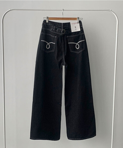 에클렛 논페이드 백 버클 자수 포켓 데님 롱 와이드팬츠