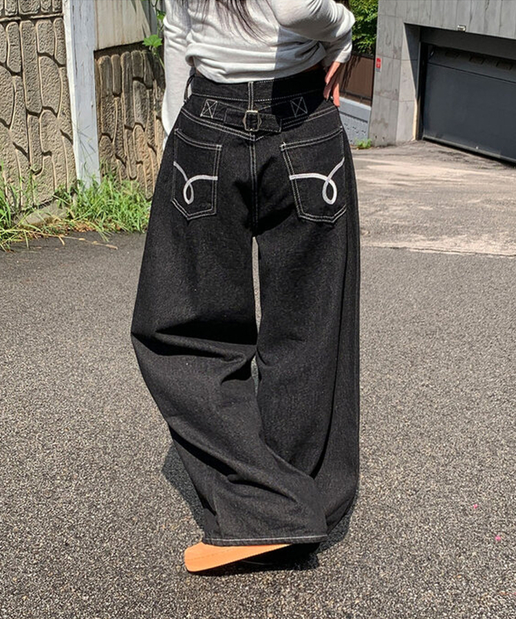 에클렛 논페이드 백 버클 자수 포켓 데님 롱 와이드팬츠 에보니블랙