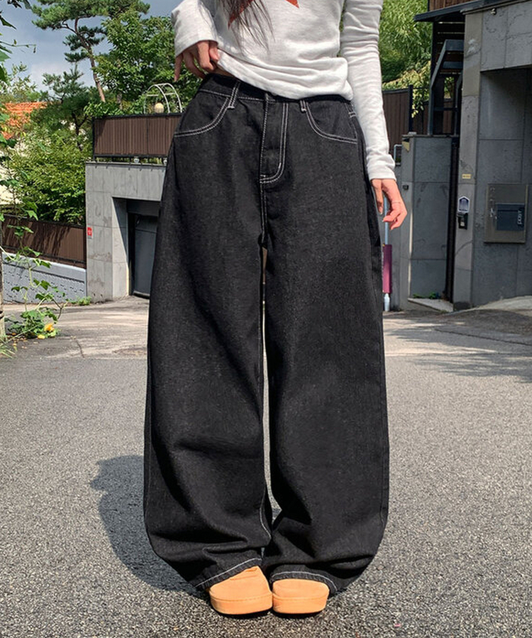 에클렛 논페이드 백 버클 자수 포켓 데님 롱 와이드팬츠 에보니블랙