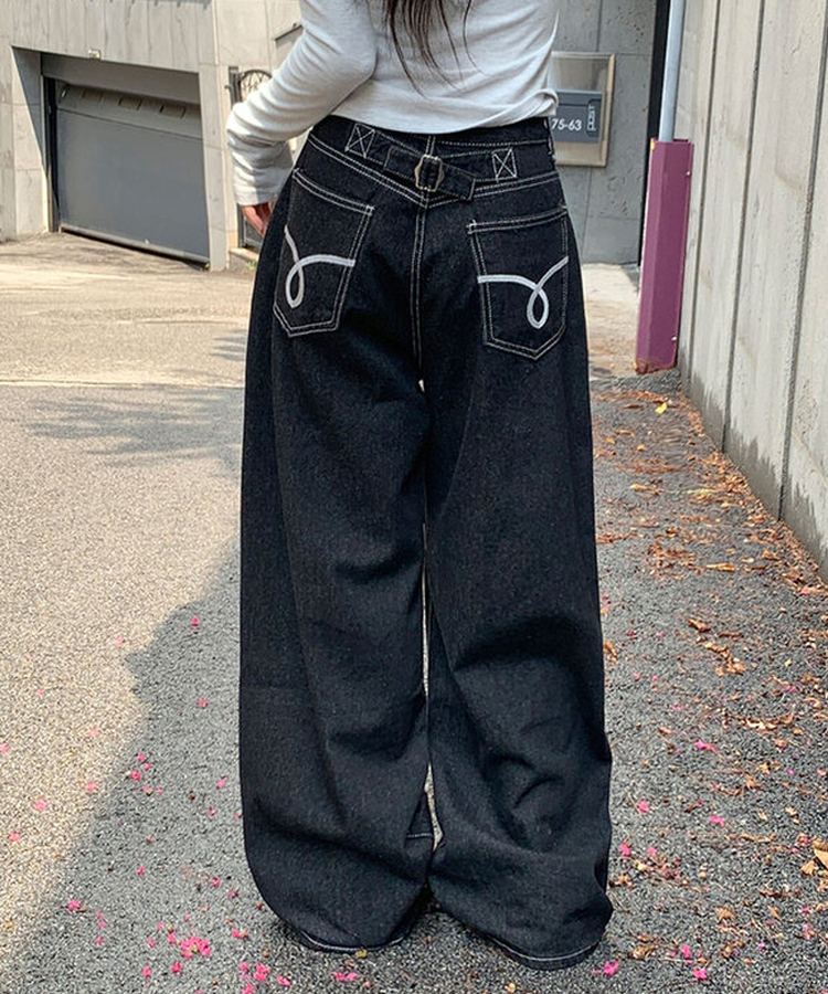 에클렛 논페이드 백 버클 자수 포켓 데님 롱 와이드팬츠 에보니블랙