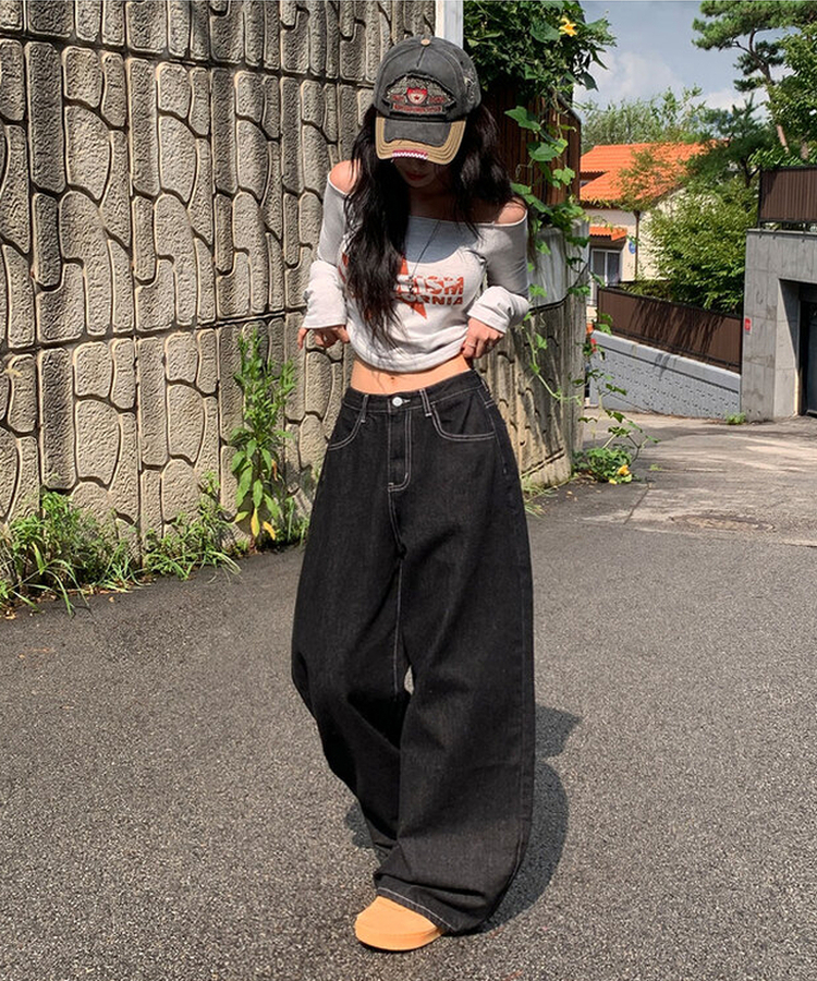 에클렛 논페이드 백 버클 자수 포켓 데님 롱 와이드팬츠 에보니블랙