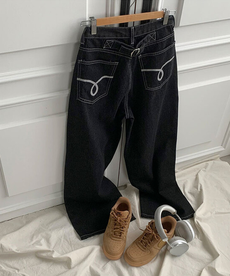 에클렛 논페이드 백 버클 자수 포켓 데님 롱 와이드팬츠