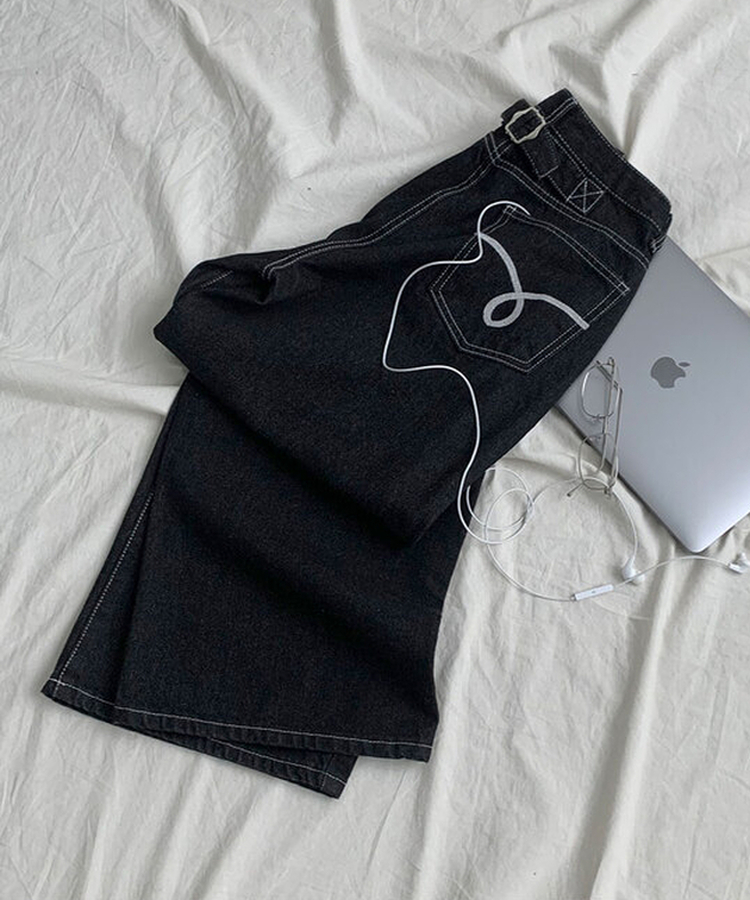 에클렛 논페이드 백 버클 자수 포켓 데님 롱 와이드팬츠